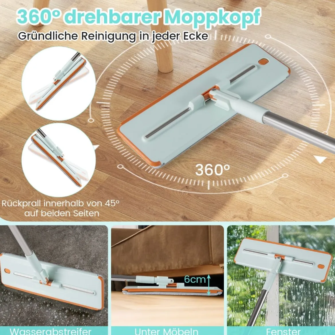 2,4L Wischmopp & Eimersystem mit Auswringfunktion mit 6er Set Wiederverwendbare Mikrofaser-Pads