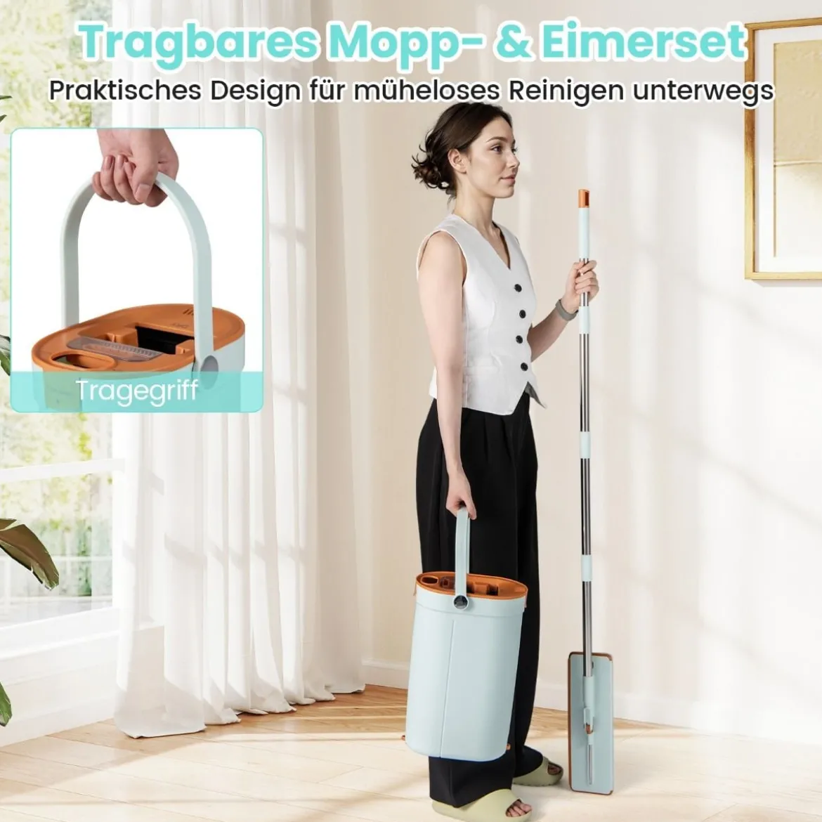 2,4L Wischmopp & Eimersystem mit Auswringfunktion mit 6er Set Wiederverwendbare Mikrofaser-Pads