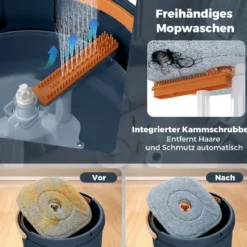 4L Wischmopp & Eimersystem mit Wringer & 360° Drehkopf Flacher Bodenwischmopp Blau