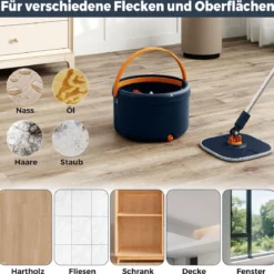 4L Wischmopp & Eimersystem mit Wringer & 360° Drehkopf Flacher Bodenwischmopp Blau