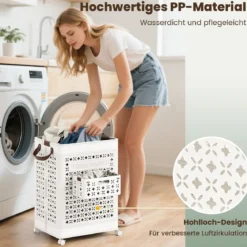 75L Wäschekorb auf Rädern Raumsparender Wäschesammler Aufbewahrungsbehälter Weiß