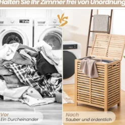 80L Wäschekorb mit Deckel & Herausnehmbaren Waschbaren Wäschesack Bambus Wäschesammler