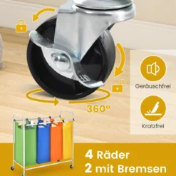 136L Wäschekörb mit 4 abnehmbaren 34L Wäschesack & Rädern 82 x 30 x 85 cm