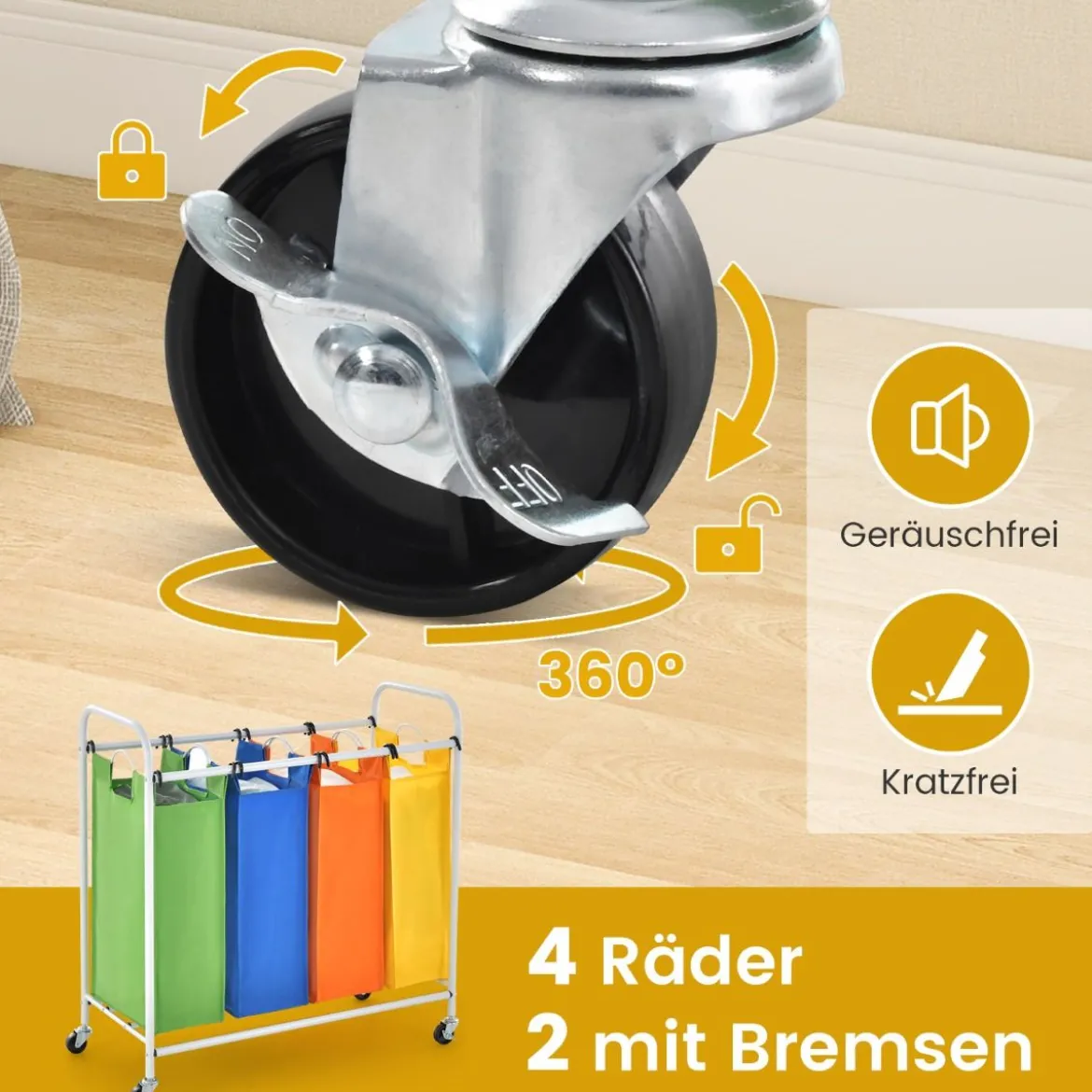 136L Wäschekörb mit 4 abnehmbaren 34L Wäschesack & Rädern 82 x 30 x 85 cm