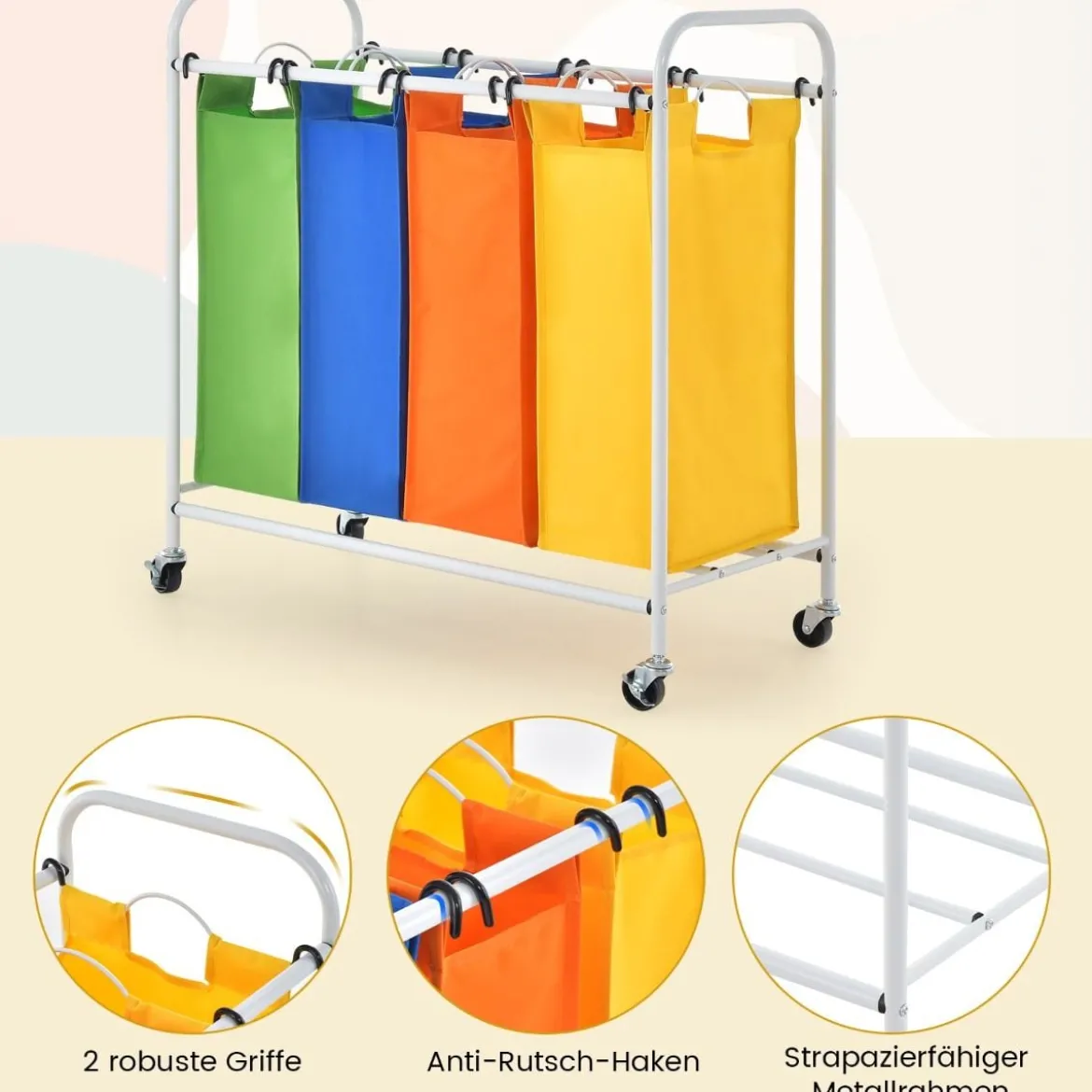 136L Wäschekörb mit 4 abnehmbaren 34L Wäschesack & Rädern 82 x 30 x 85 cm
