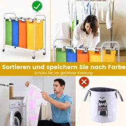 136L Wäschekörb mit 4 abnehmbaren 34L Wäschesack & Rädern 82 x 30 x 85 cm