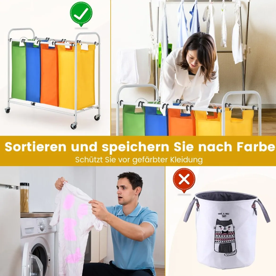 136L Wäschekörb mit 4 abnehmbaren 34L Wäschesack & Rädern 82 x 30 x 85 cm