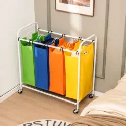 136L Wäschekörb mit 4 abnehmbaren 34L Wäschesack & Rädern 82 x 30 x 85 cm