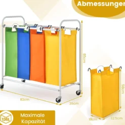 136L Wäschekörb mit 4 abnehmbaren 34L Wäschesack & Rädern 82 x 30 x 85 cm