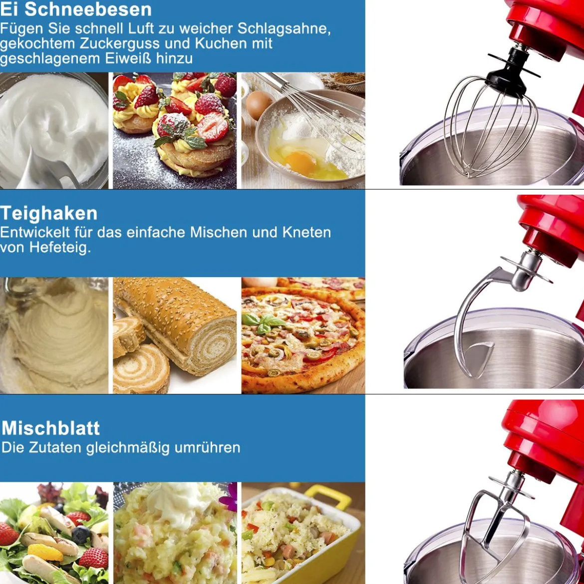 4L 1300W Standmixer Neigbarer Kopf Mixer Teigmaschine mit Edelstahl Rührschüssel 33,5 x 23,5 x 30,5 cm Rot