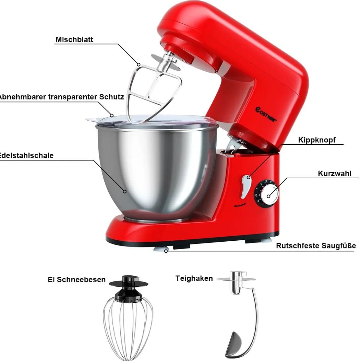 4L 1300W Standmixer Neigbarer Kopf Mixer Teigmaschine mit Edelstahl Rührschüssel 33,5 x 23,5 x 30,5 cm Rot