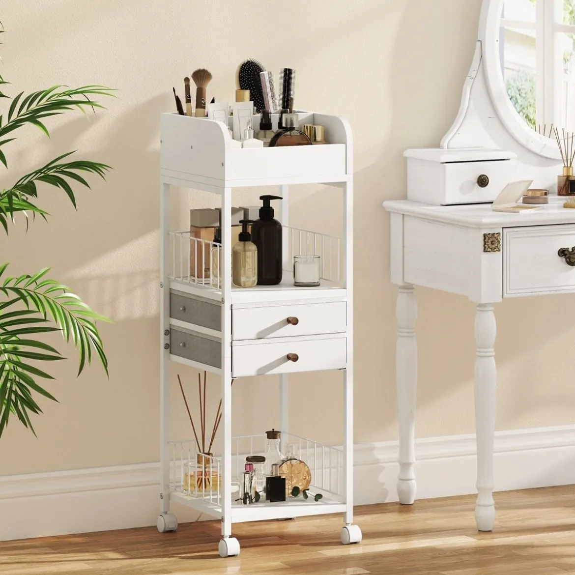 Makeup Aufbewahrungswagen mit Schubladen & Rädern & Ablageflächen Kosmetik Organizer