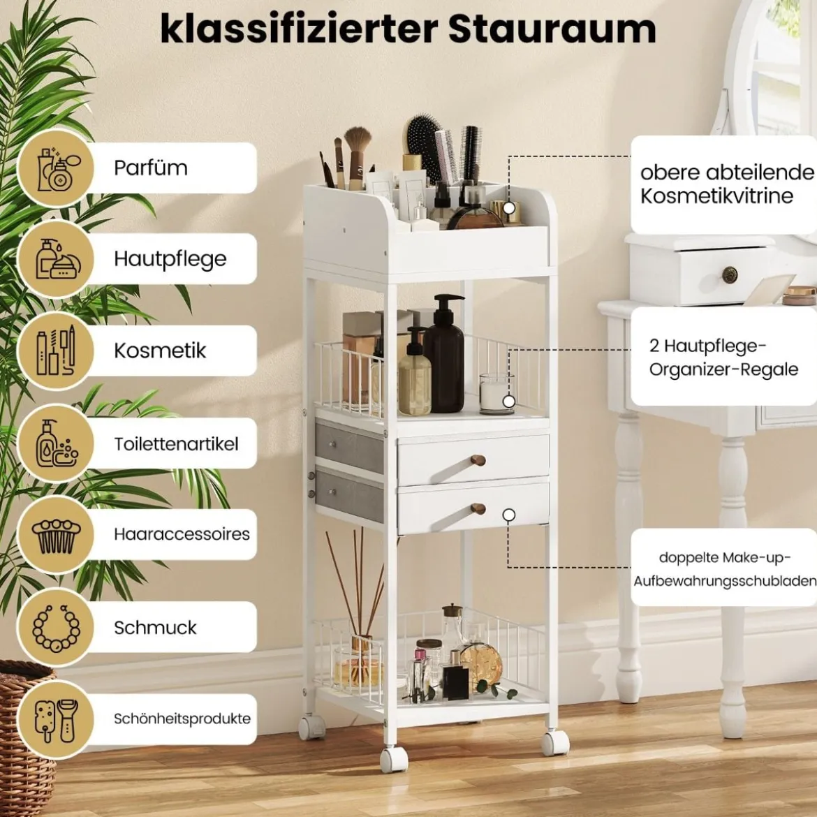 Makeup Aufbewahrungswagen mit Schubladen & Rädern & Ablageflächen Kosmetik Organizer