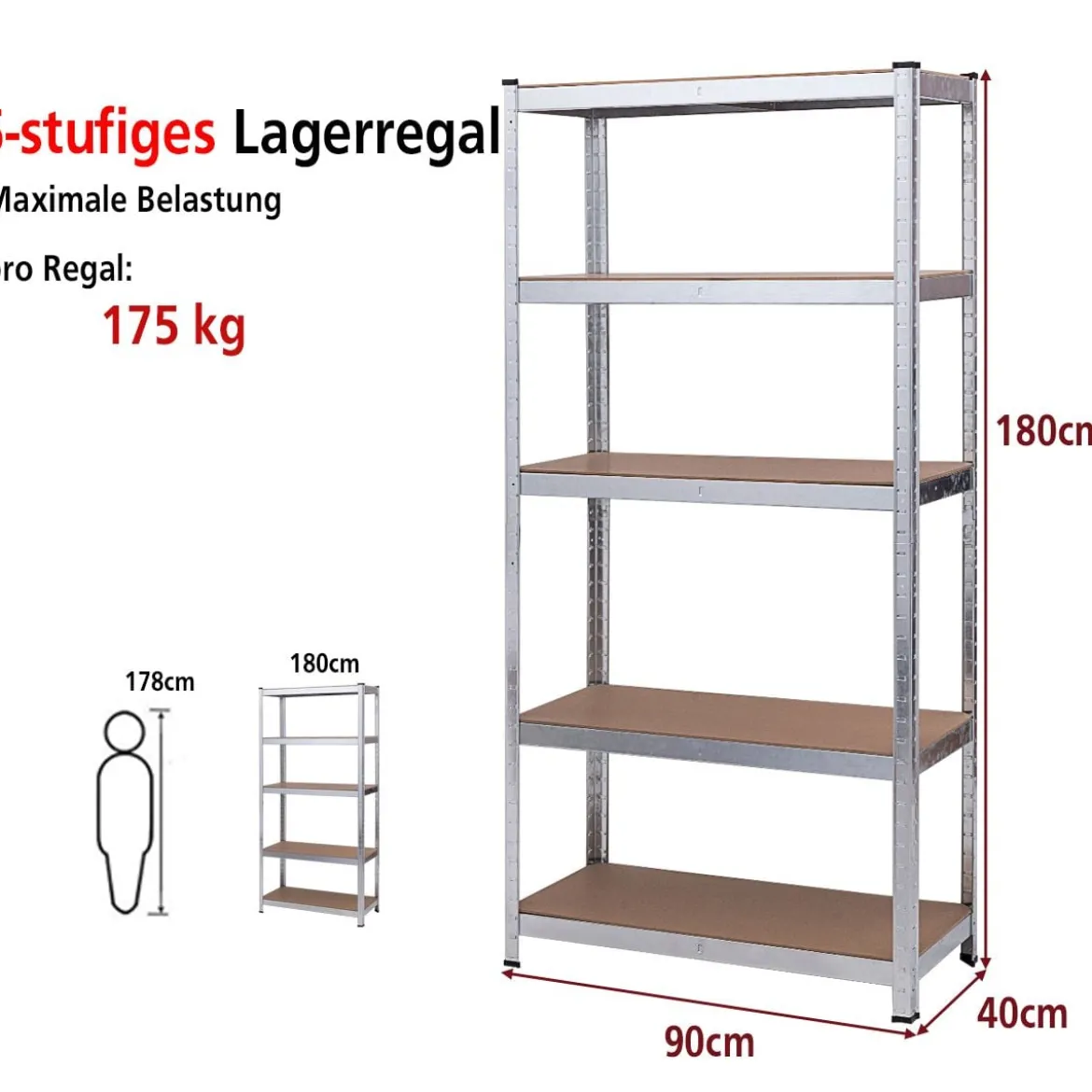 2 Mal 5-stöckiges Metallregal Schwerlast-Lagerregal 90 x 40 x 180 cm