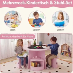 Maltisch für Kinderzimmer Kindertisch und Stuhl Set rund 5 teilige Kindersitzgruppe Rosa