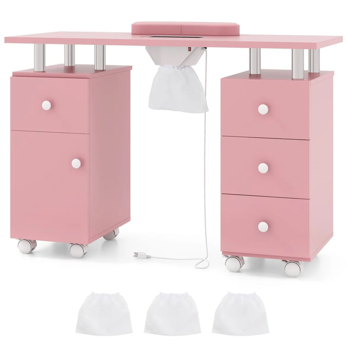 Maniküretisch mit Elektrischer Staubabsaugung & Handgelenkstütze & Schubladen Nageltisch Pink