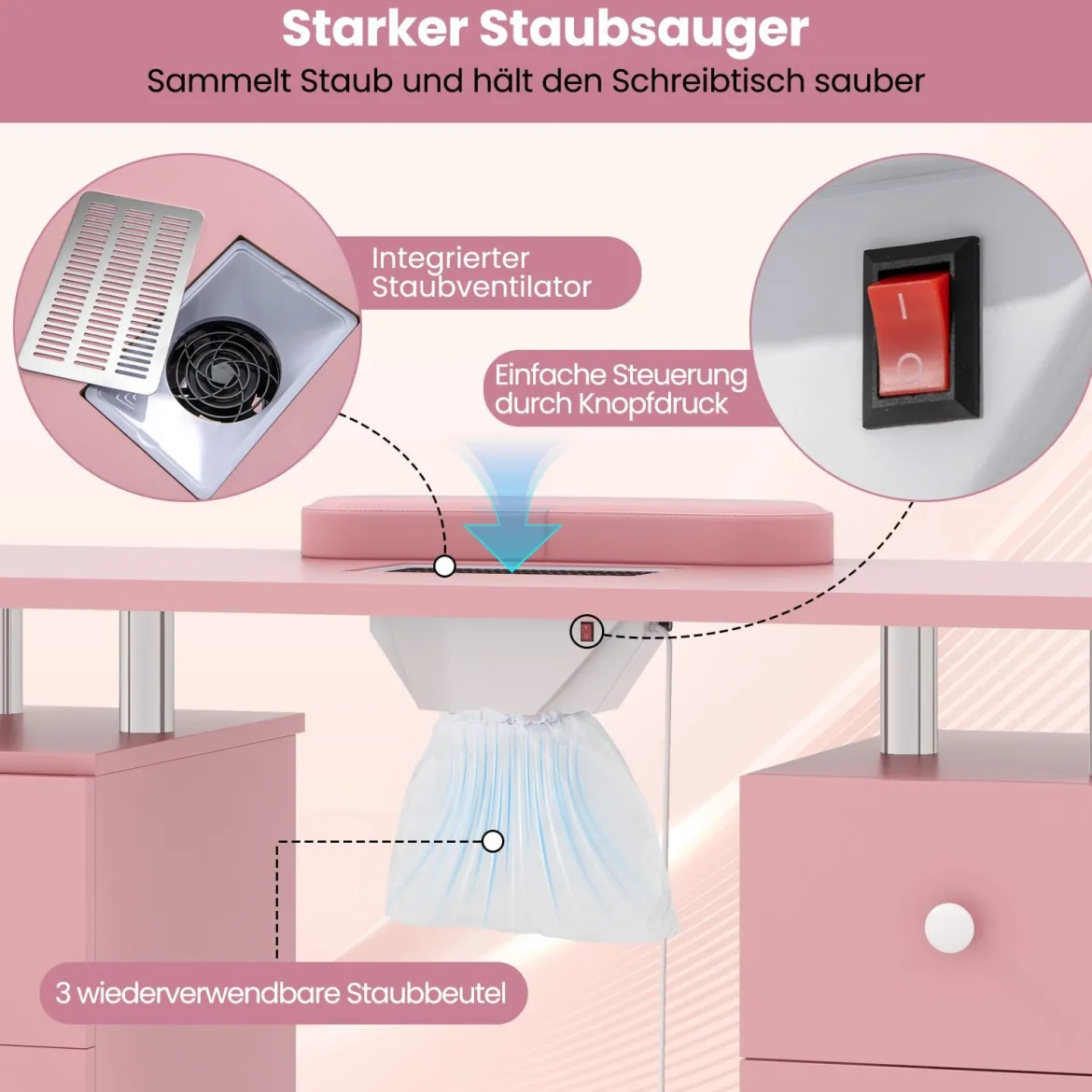 Maniküretisch mit Elektrischer Staubabsaugung & Handgelenkstütze & Schubladen Nageltisch Pink