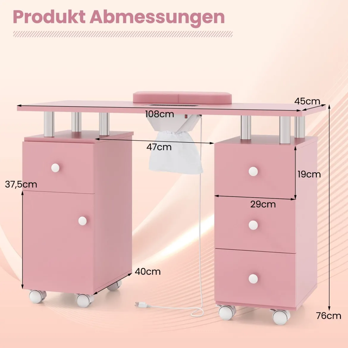 Maniküretisch mit Elektrischer Staubabsaugung & Handgelenkstütze & Schubladen Nageltisch Pink
