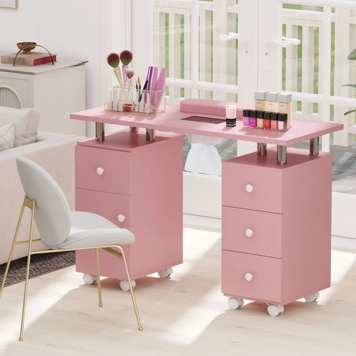 Maniküretisch mit Elektrischer Staubabsaugung & Handgelenkstütze & Schubladen Nageltisch Pink