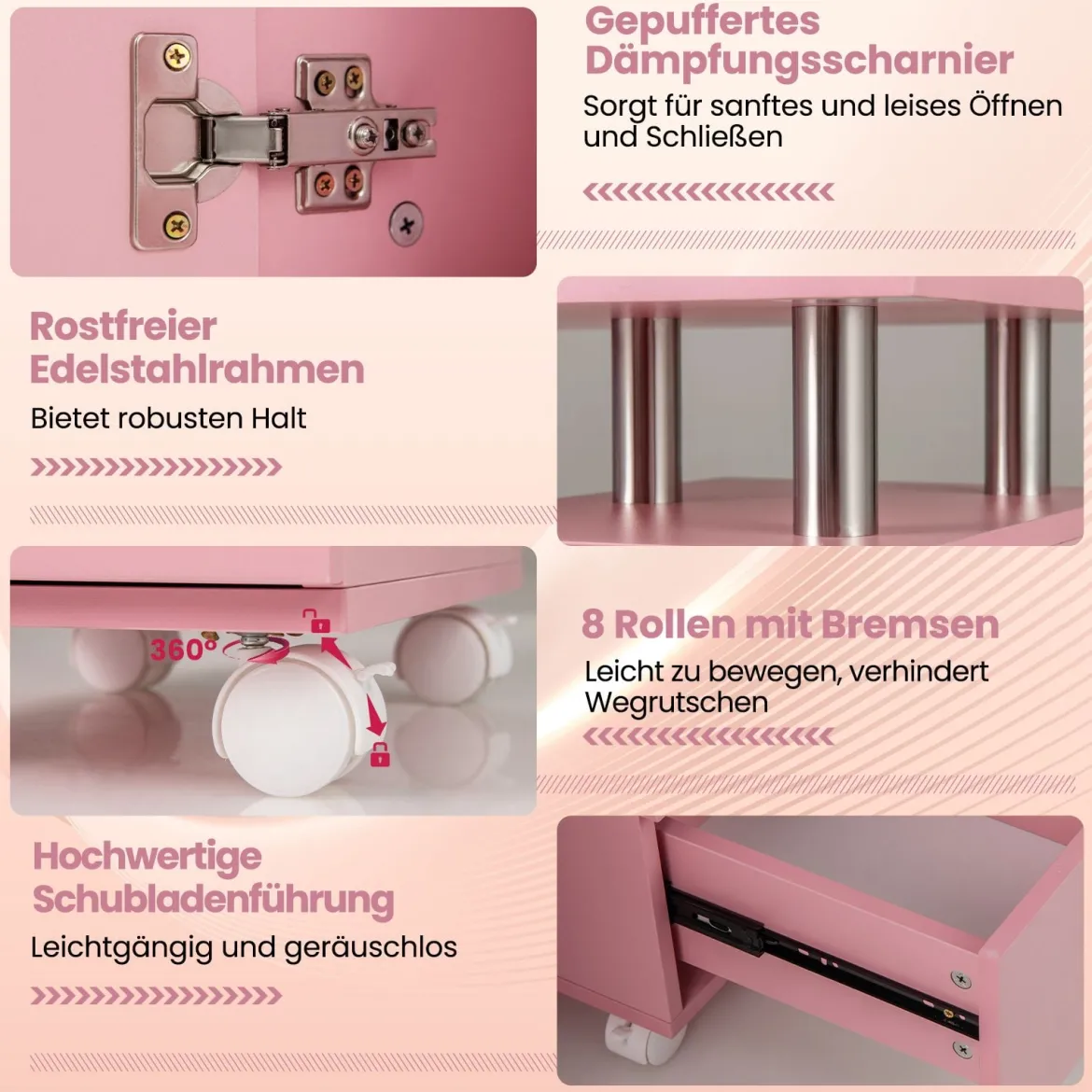 Maniküretisch mit Elektrischer Staubabsaugung & Handgelenkstütze & Schubladen Nageltisch Pink