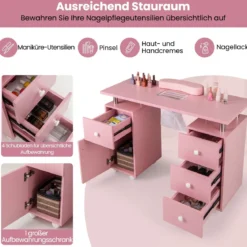 Maniküretisch mit Elektrischer Staubabsaugung & Handgelenkstütze & Schubladen Nageltisch Pink