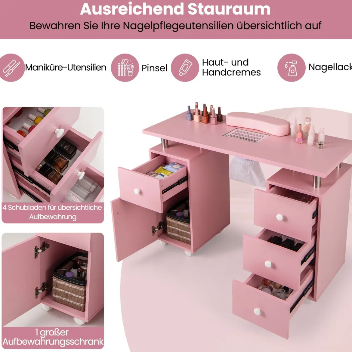 Maniküretisch mit Elektrischer Staubabsaugung & Handgelenkstütze & Schubladen Nageltisch Pink