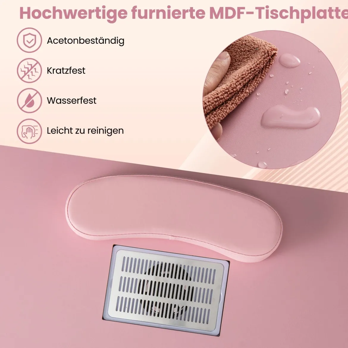 Maniküretisch mit Elektrischer Staubabsaugung & Handgelenkstütze & Schubladen Nageltisch Pink