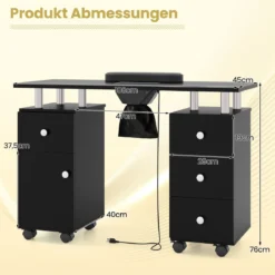 Maniküretisch mit Elektrischer Staubabsaugung & Handgelenkstütze & Schubladen Nageltisch Schwarz