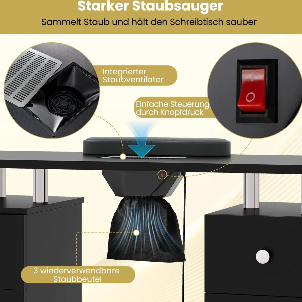 Maniküretisch mit Elektrischer Staubabsaugung & Handgelenkstütze & Schubladen Nageltisch Schwarz