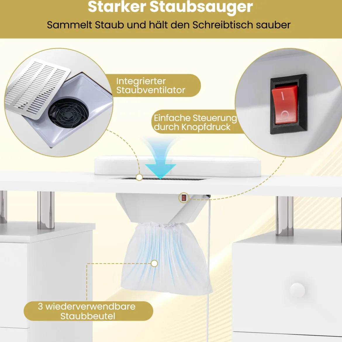 Maniküretisch mit Elektrischer Staubabsaugung & Handgelenkstütze & Schubladen Nageltisch Weiß