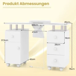Maniküretisch mit Elektrischer Staubabsaugung & Handgelenkstütze & Schubladen Nageltisch Weiß