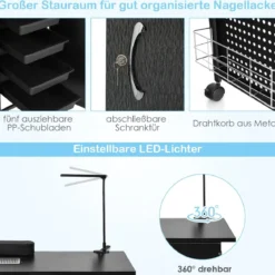 Maniküretisch mit Handgelenkauflage & 5 Schubladen & Lampe & Staubabsaugung