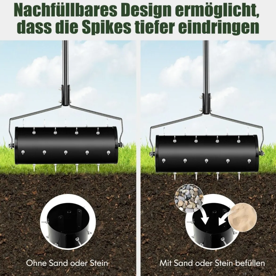 Manuell Walze Rasenlüfter mit Stiel & Nägeln Rasenrolle Handvertikutierer Rasenbelüfter 44 x 128 cm
