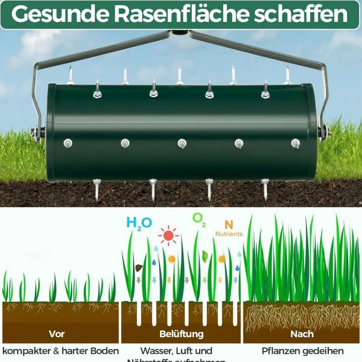 Manuell Walze Rasenlüfter mit Stiel & Nägeln Rasenrolle Handvertikutierer Rasenbelüfter 44 x 128 cm