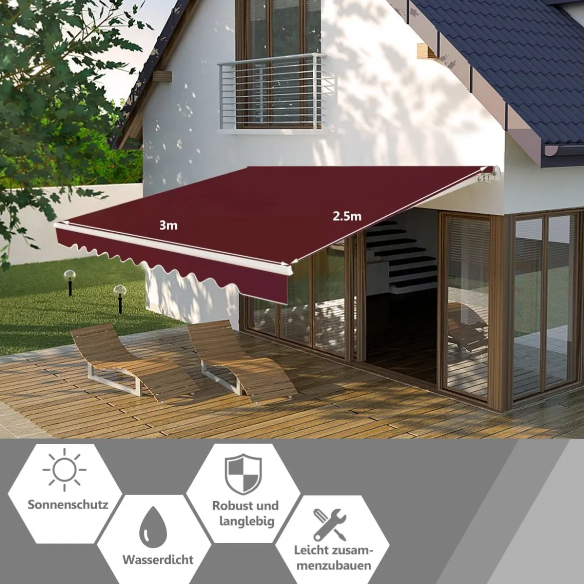 Markise mit kurbel Einziehbare Markise Aluminium Terrassen Sonnenschutz 3 x 2,5 m Beige Grün Grau Weinrot