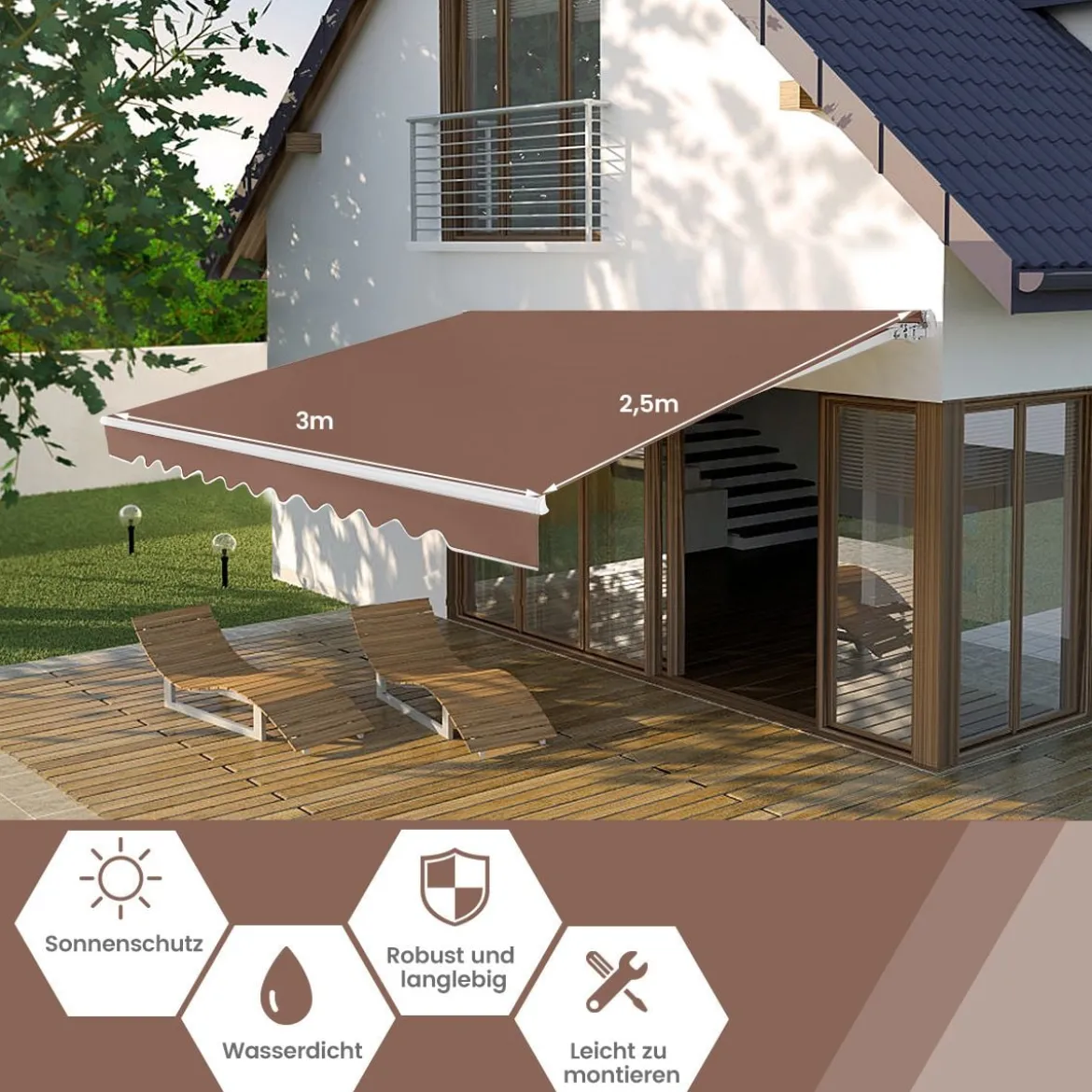 Markise mit kurbel Einziehbare Markise Aluminium Terrassen Sonnenschutz 3 x 2,5 m Beige Grün Grau Weinrot