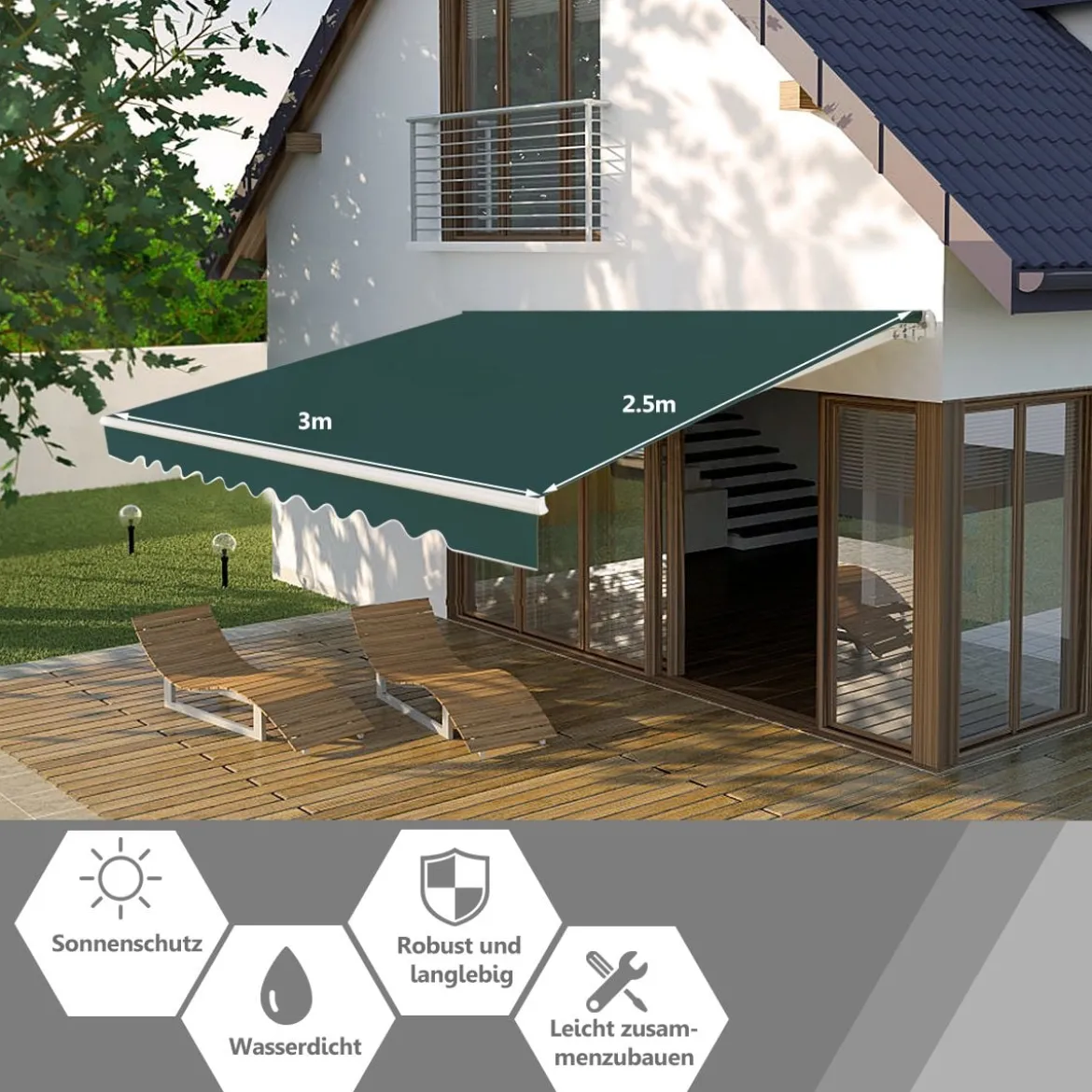 Markise mit kurbel Einziehbare Markise Aluminium Terrassen Sonnenschutz 3 x 2,5 m Beige Grün Grau Weinrot