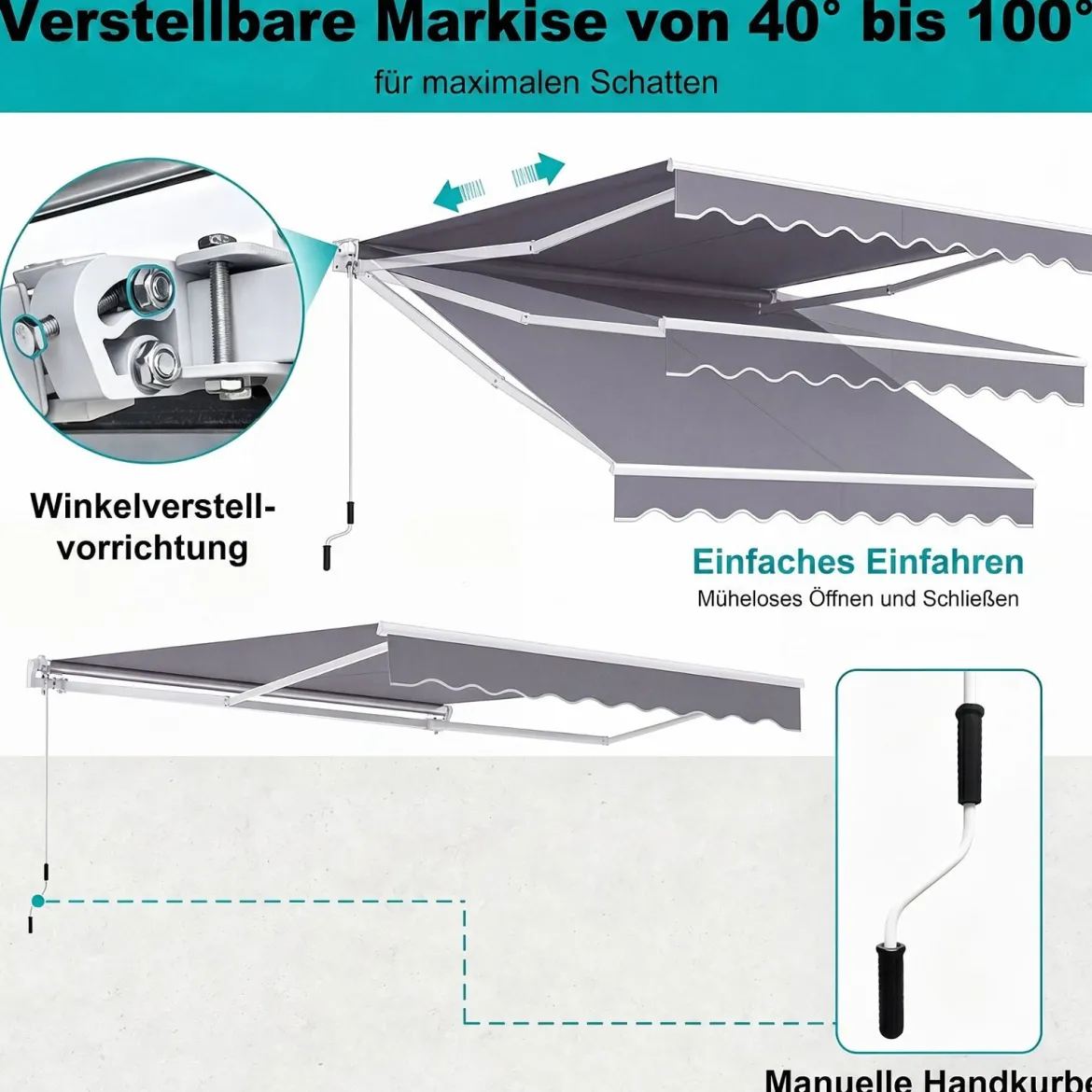 Markise mit kurbel Einziehbare Markise Aluminium Terrassen Sonnenschutz 3 x 2,5 m Beige Grün Grau Weinrot