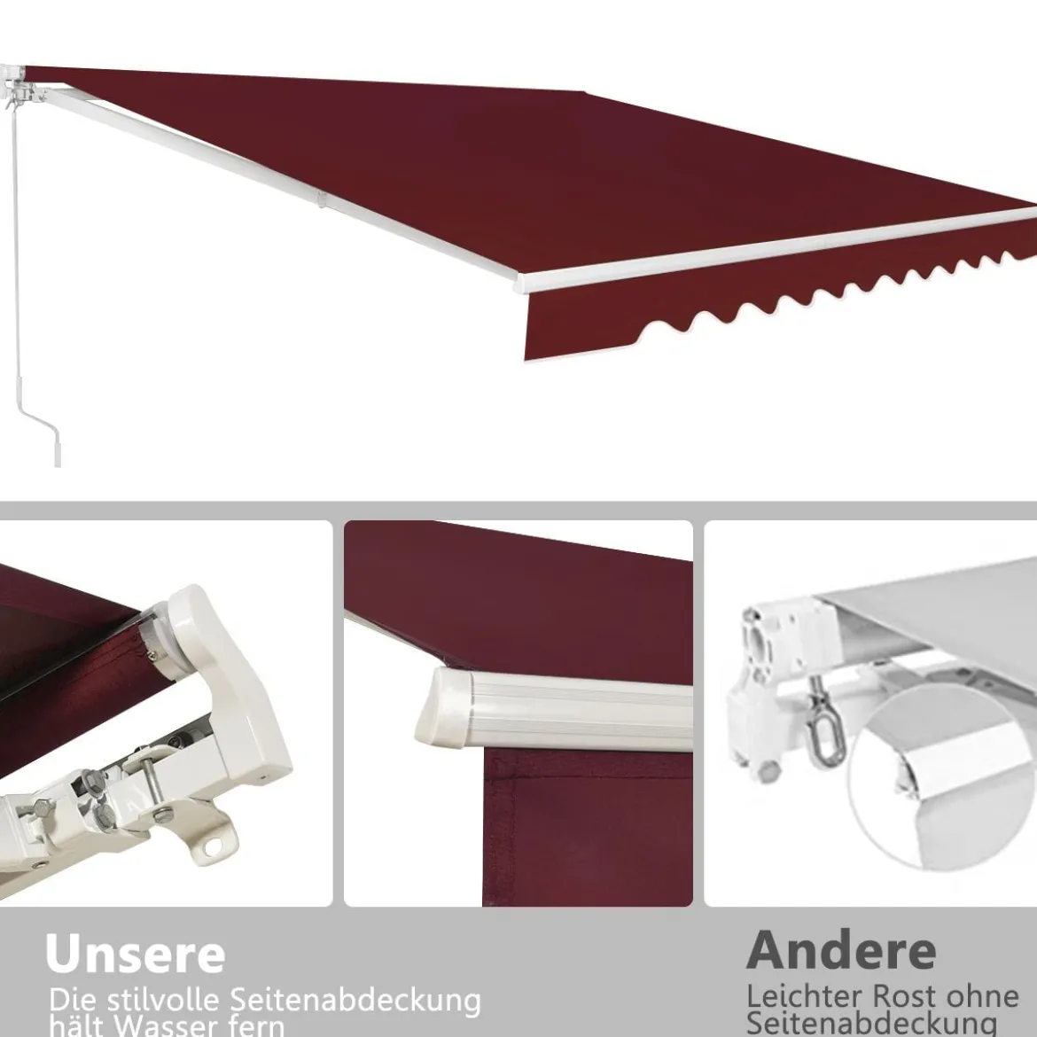 Markise mit kurbel Einziehbare Markise Aluminium Terrassen Sonnenschutz 3 x 2,5 m Beige Grün Grau Weinrot