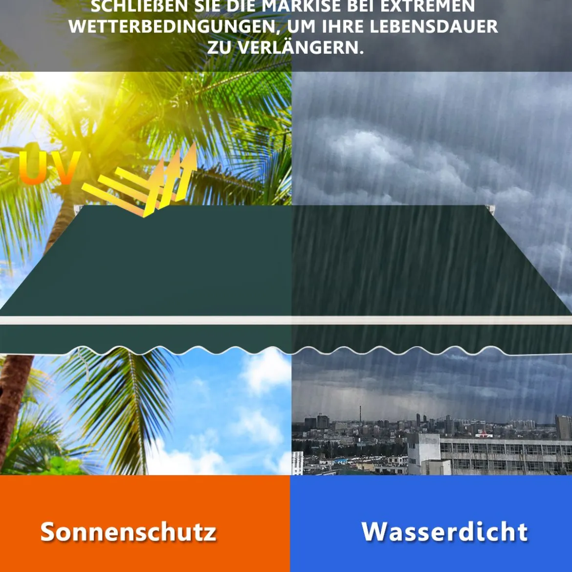 Markise mit kurbel Manuell Einziehbare Markise Abdeckung Balkonmarkise Sonnenschutz 2,5 x 2 m Grün