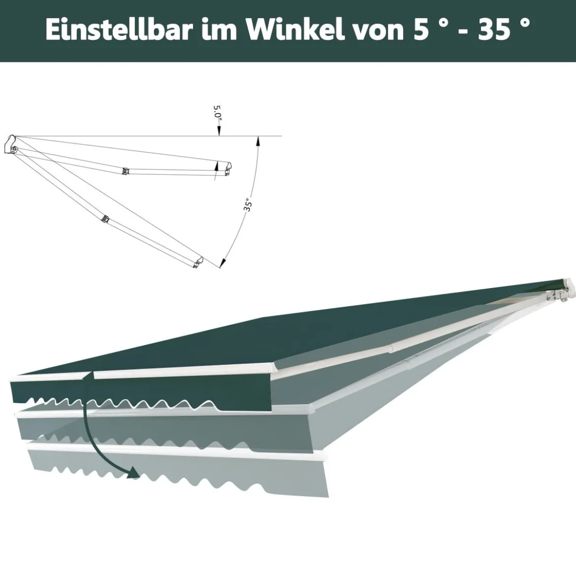 Markise mit kurbel Manuell Einziehbare Markise Abdeckung Balkonmarkise Sonnenschutz 2,5 x 2 m Grün