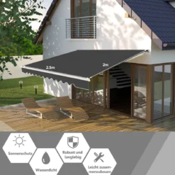Markise mit kurbel Manuell Einziehbare Markise Abdeckung Klemmmarkise Sonnenmarkise 2,5 x 2 m Grau