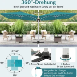 Marktschirm mit Kreuzfuß & 360° Drehung für Garten und Poolbereiche 300 x 300 cm Blau