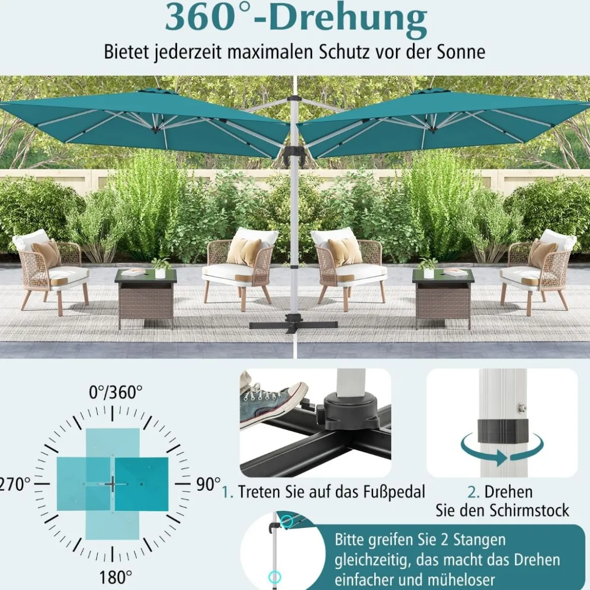 Marktschirm mit Kreuzfuß & 360° Drehung für Garten und Poolbereiche 300 x 300 cm Blau