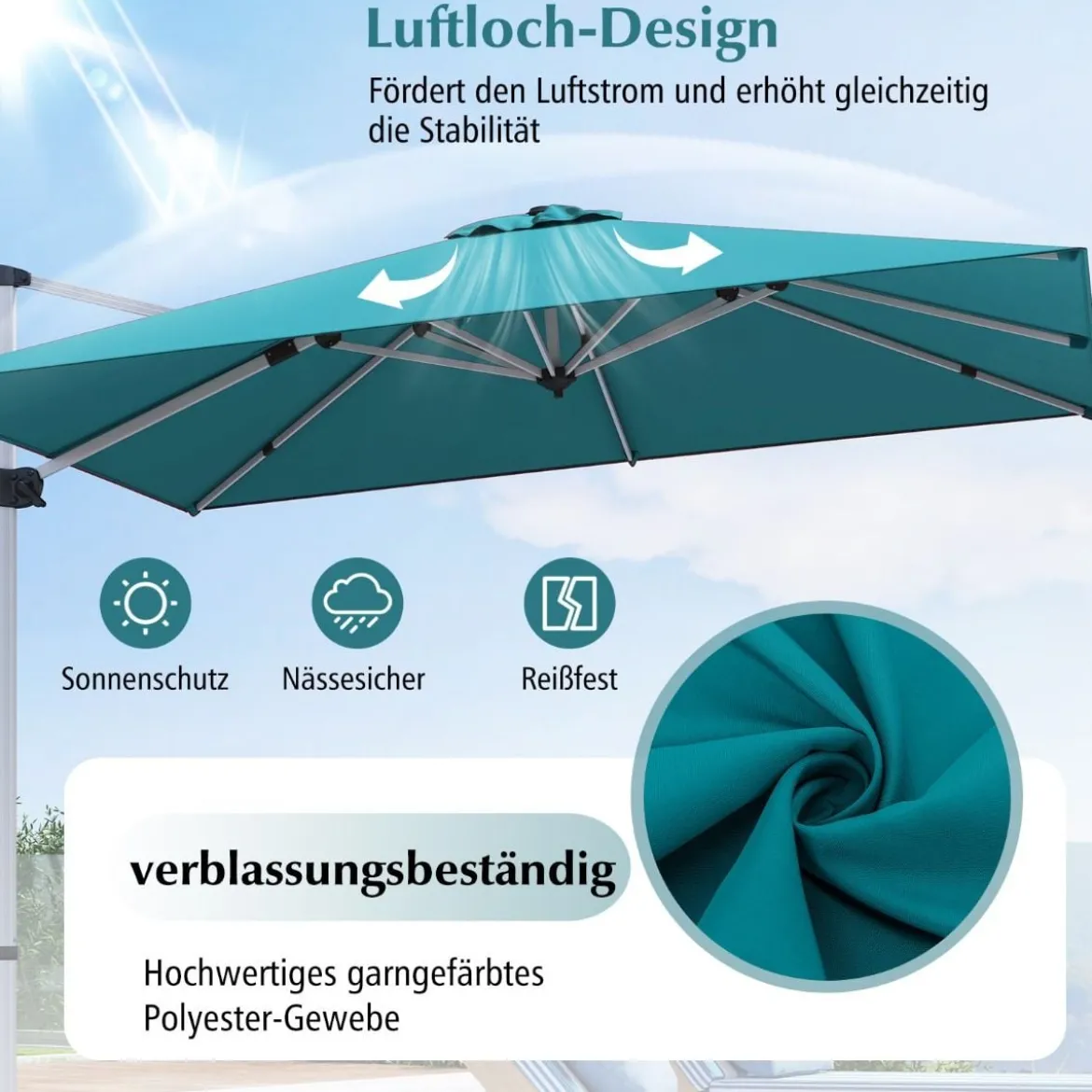 Marktschirm mit Kreuzfuß & 360° Drehung für Garten und Poolbereiche 300 x 300 cm Blau