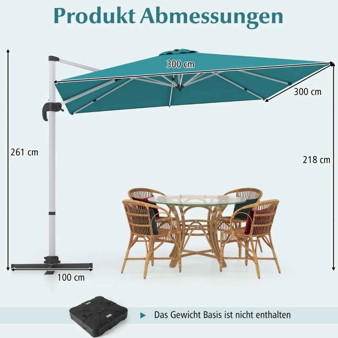 Marktschirm mit Kreuzfuß & 360° Drehung für Garten und Poolbereiche 300 x 300 cm Blau