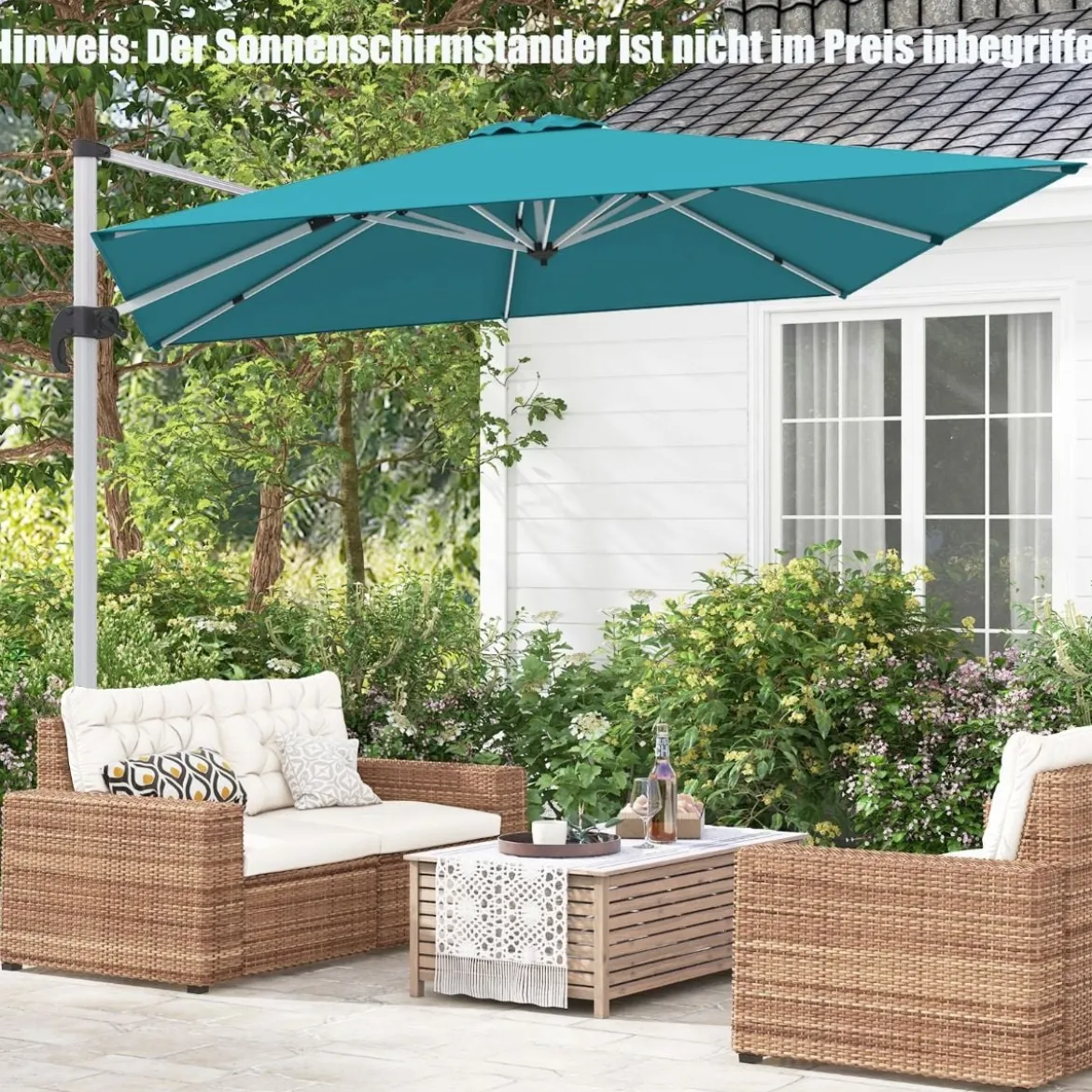 Marktschirm mit Kreuzfuß & 360° Drehung für Garten und Poolbereiche 300 x 300 cm Blau