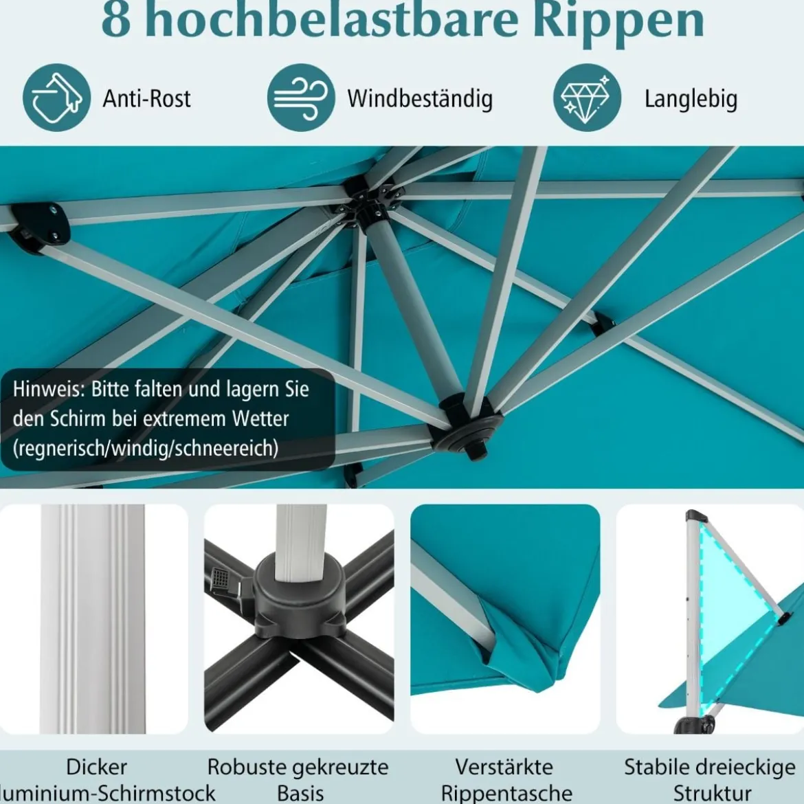 Marktschirm mit Kreuzfuß & 360° Drehung für Garten und Poolbereiche 300 x 300 cm Blau