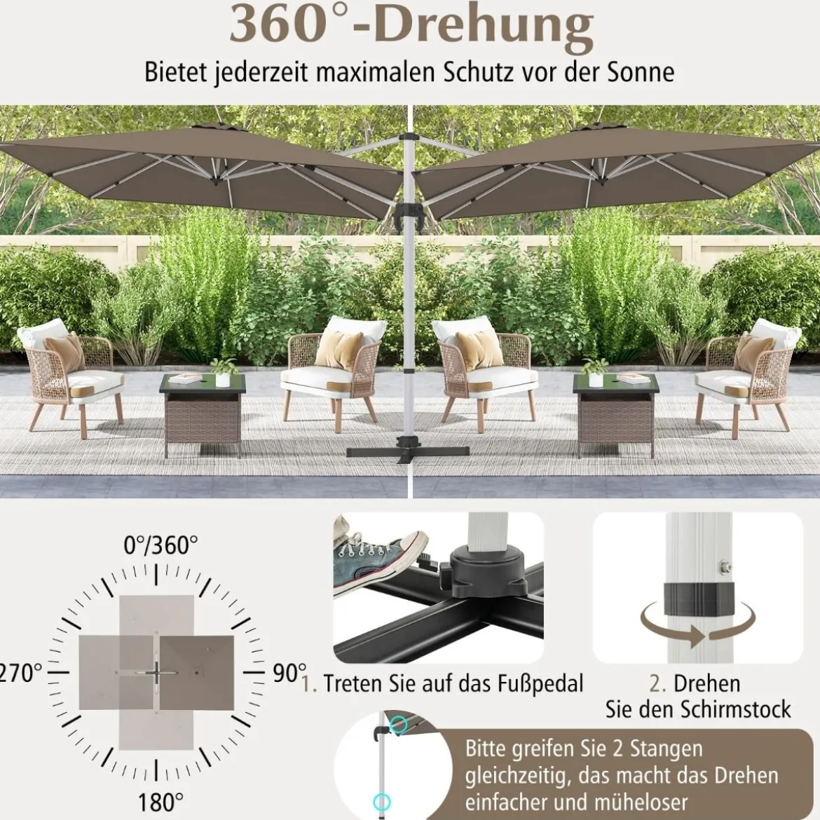 Marktschirm mit Kurbel & 360° Drehung für Garten und Poolbereiche 300 x 300 cm Braun