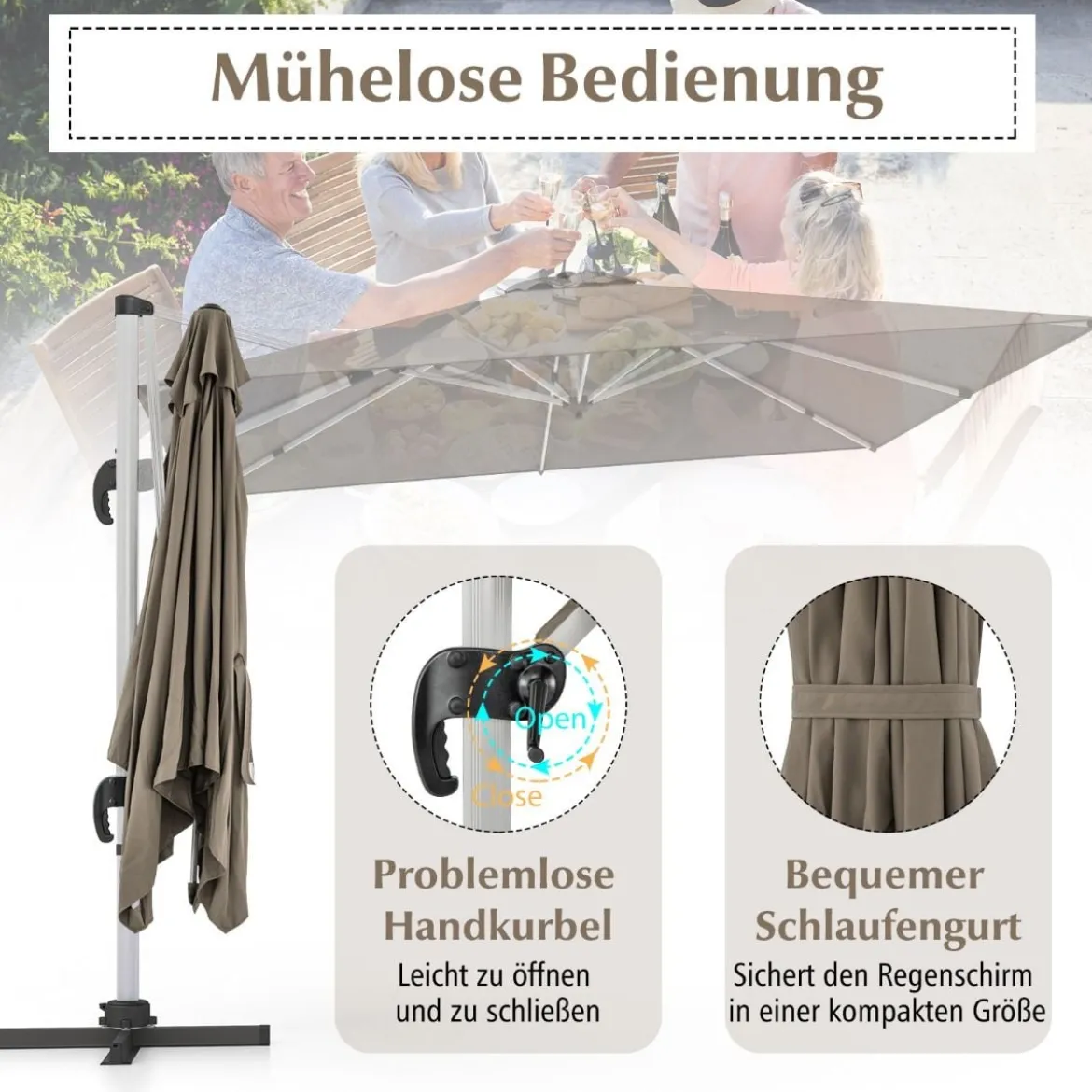 Marktschirm mit Kurbel & 360° Drehung für Garten und Poolbereiche 300 x 300 cm Braun